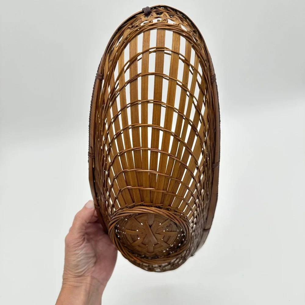 Vintage Bamboo Wicker Boat Basket 17in Brown MCM Fruit Centerpiece Bowl